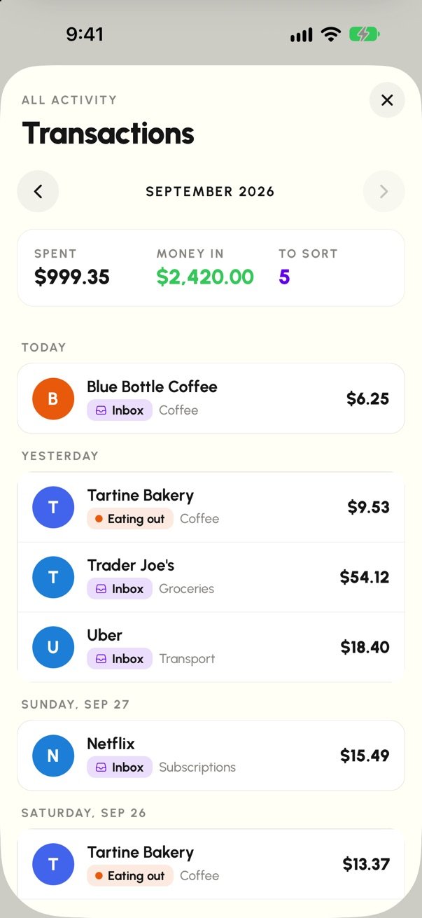 Transactions list with purchases waiting in the inbox