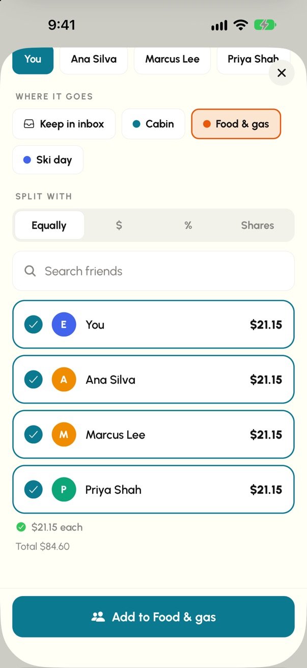 A shared expense split equally four ways