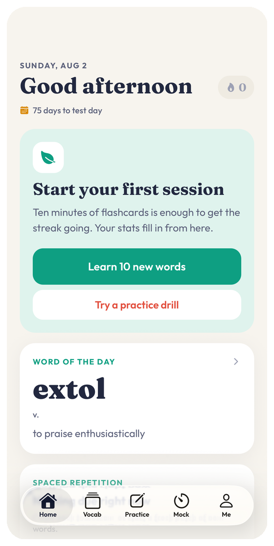 GREPrep home screen with the daily greeting, streak and word of the day