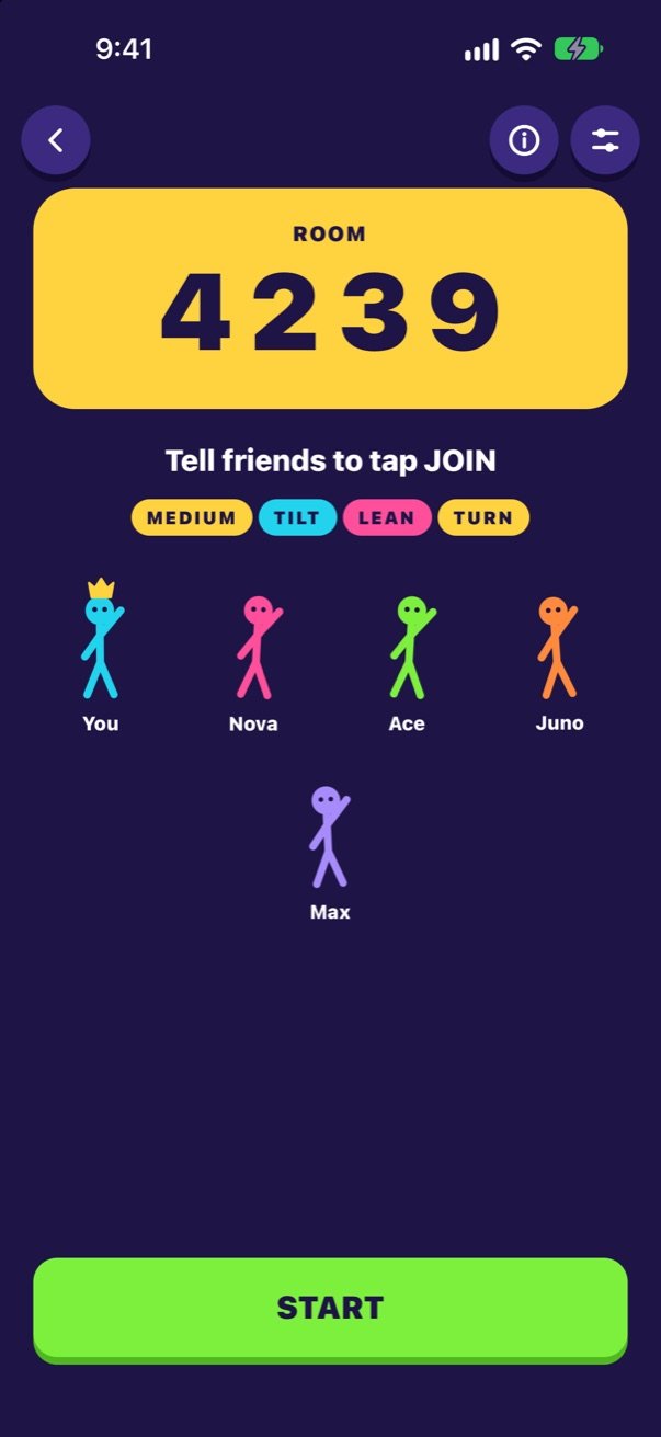Lobby with five players as stick figures